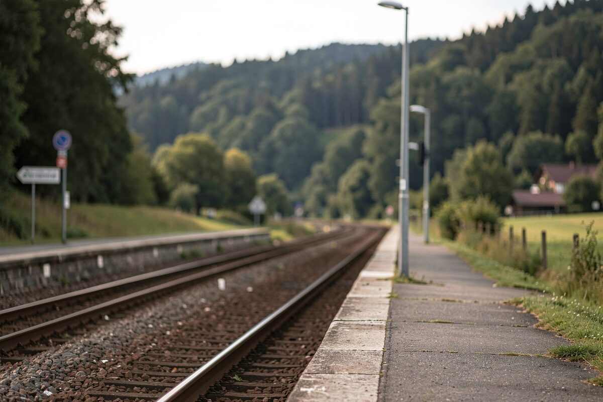 Regionalbahnhof mit einer eingleisigen Strecke in ländlicher Umgebung, eine Bahnsteigkante und dahinter bewaldete Hügel der Eifel
