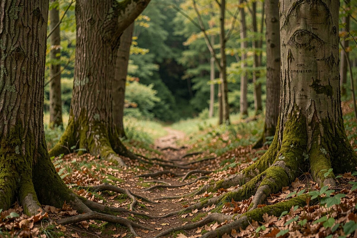 Waldweg zwischen Eichen und Buchen, ein schmaler Pfad führt über Wurzeln und Laub, dahinter eine Lichtung mit Blick in eine Senke