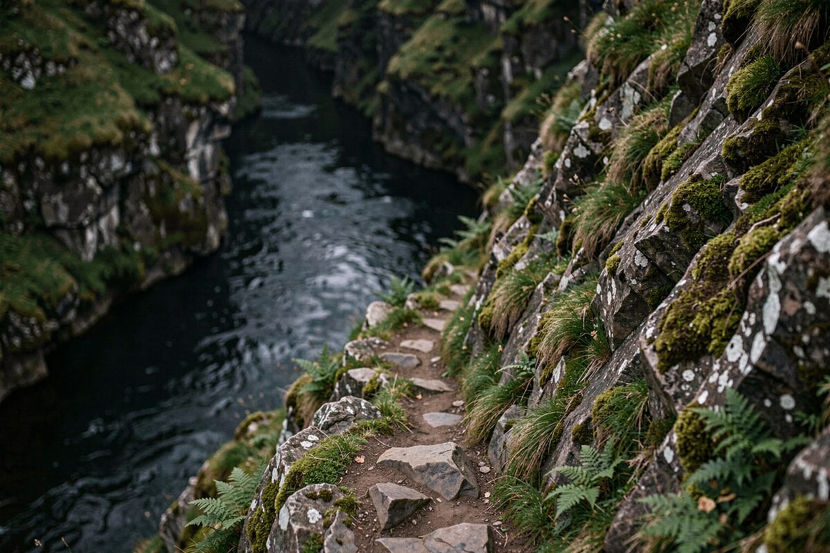 Schmaler Pfad auf Felsen oberhalb eines Flusses, der Hang fällt steil ab, Moos und Farn wachsen an den Felsen, der Fluss liegt dunkel darunter