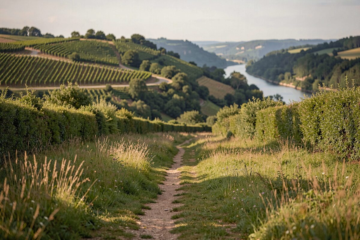 Offenes Feldland mit einem Weg, der zwischen Wiesen und Hecken verläuft, dahinter eine Anhöhe mit Weinbergen, die zur Mosel führen