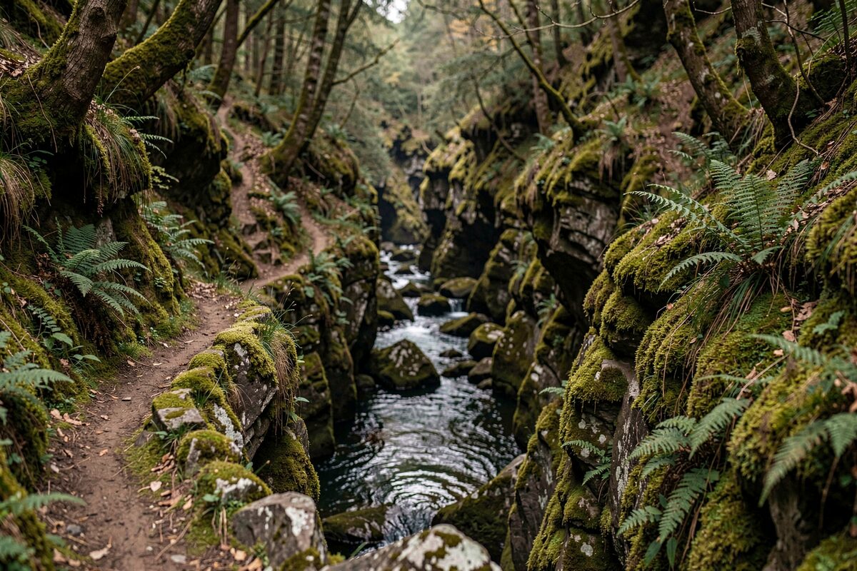 Enge bewaldete Flussschlucht, ein schmaler Pfad führt über Felsen oberhalb eines dunklen Wasserlaufs, Moos und Farn an den Ufern