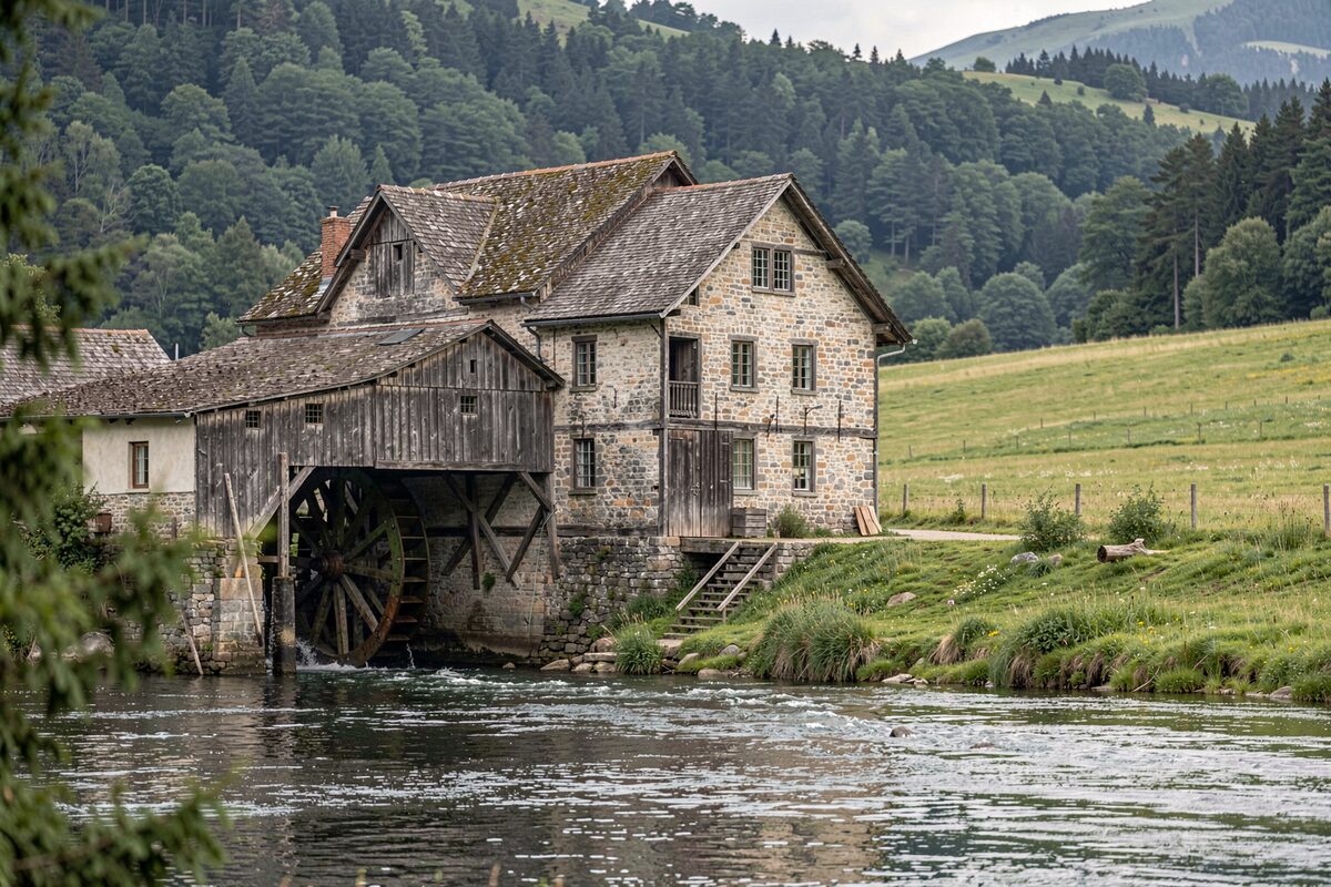 Historisches Mühlengebäude am Ufer eines Flusses, ein Wasserrad ist sichtbar, dahinter Wiesen und bewaldete Hügel, ein Weg führt vorbei
