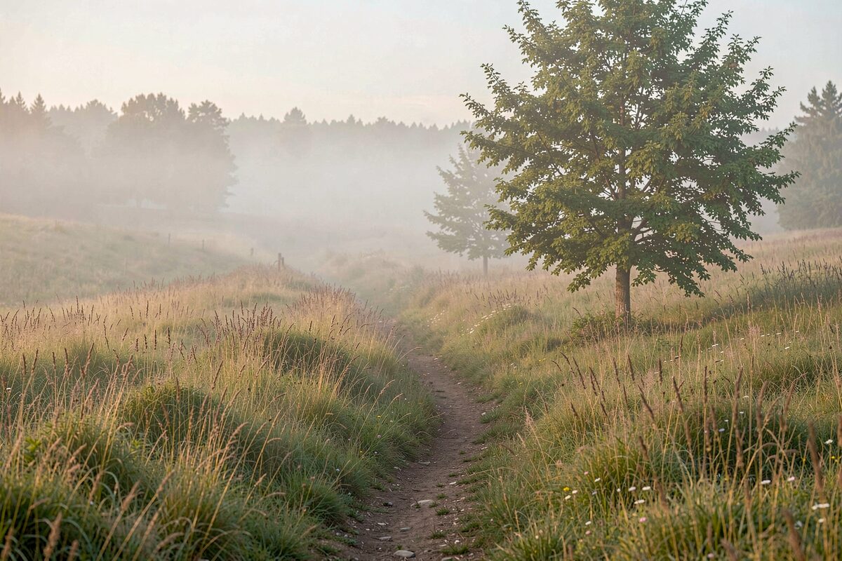 Früher Morgen auf einer Wiesenhöhe der Vulkaneifel, ein Wanderweg verliert sich zwischen Gräsern und einer Baumgruppe, Nebel liegt noch in der Senke